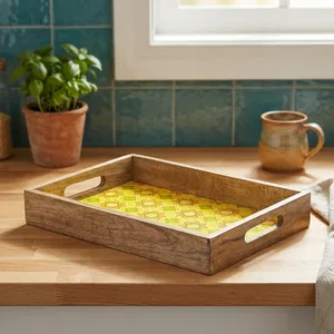 Plateau de service en bois imprimé jaune, fait main, en bois de manguier, avec poignées, rectangulaire, pour le thé, le petit-déjeuner, plateau décoratif - Product Image 5
