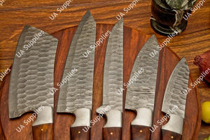 Juego de Cuchillos de Chef de 5 Piezas con Hoja de Acero de Damasco Forjado Afilada como una Navaja, Mango de Madera Hecho a Mano, Cómodo, con Bolsa de Cuero, Venta al por Mayor, OEM/ODM - Product Image 3