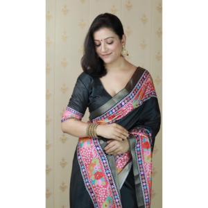 Sari en soie Tussar noire Elite Weaves avec bordure tissée Zari, imprimé floral, réversible, protection solaire, séchage rapide, hiver/été - Product Image 4