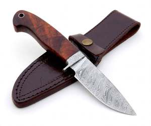 Couteau utilitaire compact artisanal en acier Damas, lame fixe, manche en bois, outil de découpe extérieur avec étui en cuir - Product Image 5