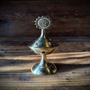 Vintage brass pedestal dhoop incense <b>burner</b> censer with <b>side</b> handle and pointed lid, available at wholesale prices. - Product Image 6