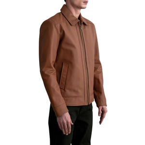 Custom Men's Brown <b>Leather</b> Jacket Classic Collar Premium Zip Up <b>Coats</b> OEM Private Label Apparel Manufacturer Wholesale Suppliers - Product Image 1