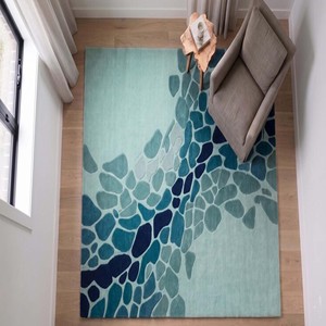 Tapis de luxe bleu abstrait en laine, fait main, design moderne, doux et de qualité supérieure, pour salon, chambre et maison - Product Image 3