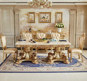 ชุดโต๊ะรับประทานอาหารไม้สักแท้เคลือบทองหรูหรา หน้าท็อปหินอ่อน สไตล์ยุโรป แกะสลักอย่างประณีต สำหรับใช้ในโรงแรม ผลิตในอินโดนีเซีย - Product Image 1