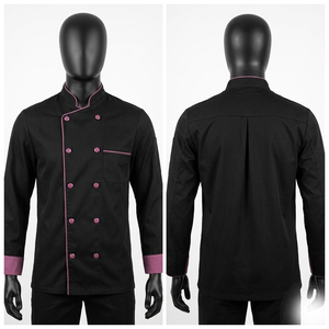 เสื้อเชฟผ้าทวิลโพลีคอตตอนพรีเมียม 240 GSM สีขาว แต่งขอบสีม่วง พร้อมปักลายตามสั่ง - Product Image 5