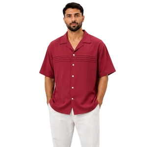 Burgundy Mens <b>Camp</b> Collar Horizontal Pleated Short Sleeve Button Down Casual Summer Resort <b>Shirt</b> Custom Logo OEM Manufacturer - Product Image 1