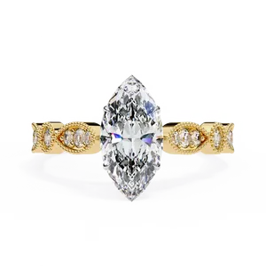 Bague de fiançailles en diamant de laboratoire taille marquise, or massif 18 carats, certifiée IGI, VVS E-F, style vintage avec accent rond East West - Product Image 1