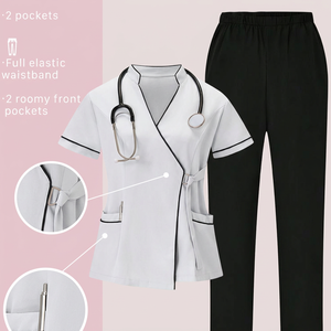 Ensemble de blouses médicales professionnelles unisexes style USA, 95 % polyester tissé, design enveloppant, manches courtes, uniforme d'infirmière contrastant pour hôpital - Product Image 1