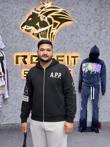 Men's <b>Black</b> Zip-Up Hoodie Regular Fit Cotton French Terry Casual Streetwear Hooded <b>Sweatshirt</b> with Front Pocket and Letter Print - Product Image 1