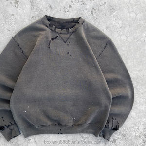 เสื้อสเวตเชิ้ตคอกลมโอเวอร์ไซส์สำหรับผู้ชาย สีพื้น ผ้าถักแบบวอช แขนยาวทรงปกติ สไตล์ฤดูใบไม้ร่วง ผ้าฝ้าย 100% คุณภาพสูง - Product Image 1