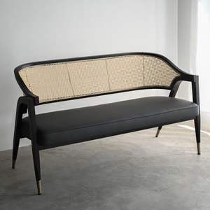 Canapé artisanal en teck massif avec cadre courbé et dossier en rotin tressé à la main - Product Image 1