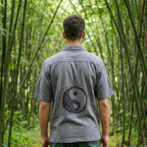 เสื้อเชิ้ตแขนสั้นผ้าฝ้ายลินินสีเทาสำหรับผู้ชาย งานฝีมือระดับพรีเมียมสำหรับฤดูร้อน ลำลอง ติดกระดุม คอคิวบา ระบายอากาศได้ดี - Product Image 3