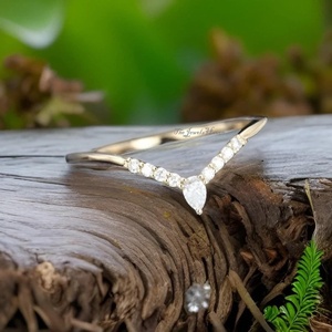Pear Cut V Shaped <b>CZ</b> Stacking Diamond Unisex Curved wedding band yellow gold Pear Diamond Wedding Band Half Eternity <b>Ring</b> - Product Image 5