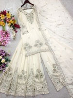 Ensemble de fête en soie satinée naturelle avec sequins de 5 mm et pierres, travail manuel, haut élastique, pantalon palazzo et foulard assorti cousu DD 1284