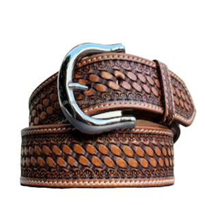 Ceinture en cuir pleine fleur faite à la main, marron, tissage artisanal, boucle solide antique, style western, ceinture rétro à outils manuels - Product Image 2