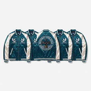 Wholesale B2B Supplier Teal Blue Satin Varsity <b>Jacket</b> Zip Up Custom Embroidered <b>Coral</b> Atoll Guild Baseball Coat - Product Image 4
