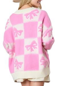 Cárdigan de Punto Casual para Mujer, Manga Larga, Cuello en V, Estampado de Lazo, Botones, Tela Transpirable, Diseño de Bloques de Color, para Primavera - Product Image 3