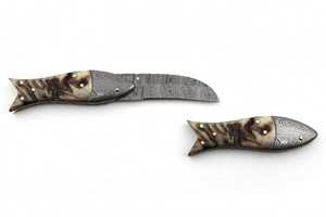 Couteau utilitaire pliant artisanal en acier Damas, à lame droite en forme de poisson, avec manche incrusté d'os, pour DIY et OEM - Product Image 5