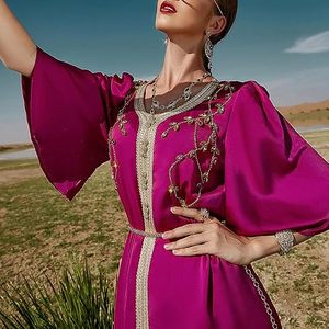 Vestido Maxi de Seda con Cuentas Moradas para Mujer, Estilo Étnico de Oriente Medio, para Bodas, Holgado, de Manga Larga, Cuello Barco, Color Sólido, para Todas las Temporadas, Vestido para Eid - Product Image 1