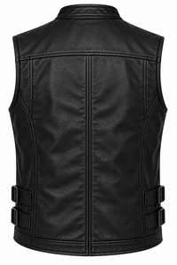 <b>Men's</b> <b>Black</b> PU Leather Moto <b>Vest</b> V-Neck Zipper Closure Plus Size Regular Fit Solid Color Outerwear - Product Image 2