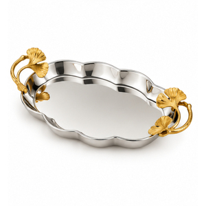 Bandeja Decorativa Ovalada de Acero Inoxidable de Lujo con Asas de Latón con Hojas de Ginkgo Doradas, Plato de Servir de Metal Pulido Espejo de Primera Calidad - Product Image 1