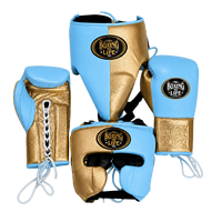 Ensemble de protection de boxe professionnel léger en cuir, comprenant des gants de boxe, un protège-tête et une protection inguinale, avec fermeture à lacets, pour entraînement adulte.