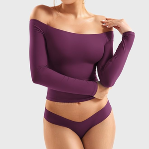 <b>Women</b> Off-The-Shoulder <b>Long</b> Sleeve Crop <b>Top</b> Solid Color Ruched Seamless Stretchy Yoga <b>Top</b> - Product Image 5