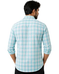 Camisa casual a cuadros azul cielo y blanco para hombre, corte ajustado, manga larga, con botones, de algodón ligero, estilo veraniego. - Product Image 2