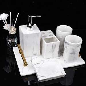 Modern Marble Look Bathroom Set Six-Piece Rectangle Soap Dispenser <b>Toothbrush</b> <b>Holder</b> Tumbler Tray Easy To Clean - Product Image 1