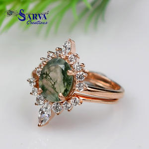 Ensemble de bagues en agate mousse naturelle de forme ovale avec accents en zircone cubique, argent sterling 925, ensemble de bagues de fiançailles et de mariage pour femmes - Product Image 3