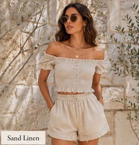 White Linen Women's 2-Piece Shorts Set Off-Shoulder Ruffle Top <b>High</b> Waist Above <b>Knee</b> Shorts Casual Spring Summer Style - Product Image 2