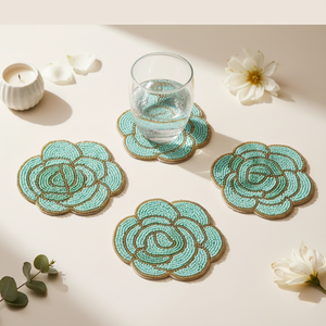 Round Eco-Friendly Fabric <b>Coasters</b> Handmade Modern Table Mats Teal Color with Gold Trim Diameter <300mm - Product Image 1