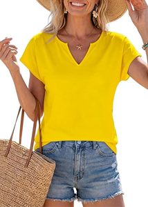 Women's V-<b>Neck</b> Solid Color Cotton Summer Top Casual Short Sleeve Top Blue - Product Image 3