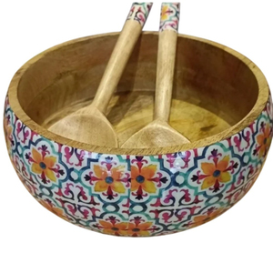 Juego de Ensaladera de Madera de Mango Natural Hecha a Mano con Servidores a Juego, Tazón Redondo para Servir con Esmalte Azul, Utensilios de Cocina para el Hogar - Product Image 5