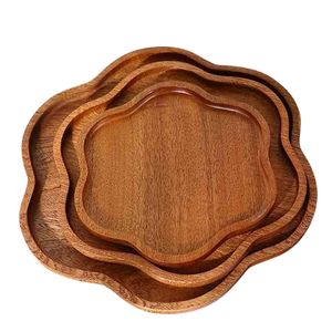 Ensemble d'assiettes en bois d'acacia en forme de pétale de 3 plateaux à dessert élégants pour la cuisine ou la table à manger pour servir du fromage aux fruits ou des collations - Product Image 1