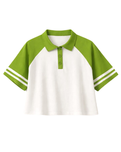 Customized Green And <b>White</b> Women Cropped Polo T <b>Shirt</b> Raglan Sleeve Striped Sleeve Casual Cotton Top Button Placket Summer Tee - Product Image 1