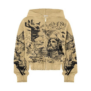 Sweat à capuche zippé personnalisé avec motif tatouage, style gothique vintage premium, streetwear oversize, fabricant de vêtements à marque privée SHH - Product Image 1