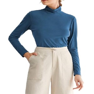 Haut à col roulé bleu pour femme, manches longues, tricot uni, coupe ajustée, respirant, style minimaliste, à porter toute l'année, best-seller - Product Image 1
