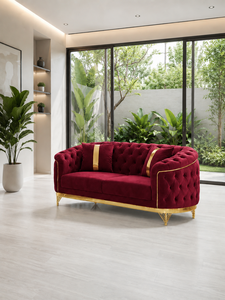 Luxury 321 Maroon Chesterfield Set Stainless Steel <b>Gold</b> Trim Tufted Design Living Room Hotel Villa Office Lobby Contemporary - Product Image 2
