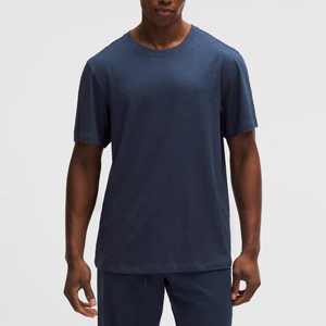 T-shirt pour homme de haute qualité, bleu marine uni, col rond, manches courtes, mélange polyester/coton, coupe classique, jersey décontracté, séchage rapide - Product Image 2