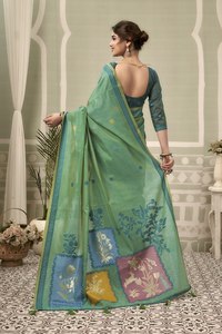 Women Green Cotton <b>Saree</b> With Floral Embroidery Traditional Indian Casual Wear Floor Length Regular Fit - Product Image 4