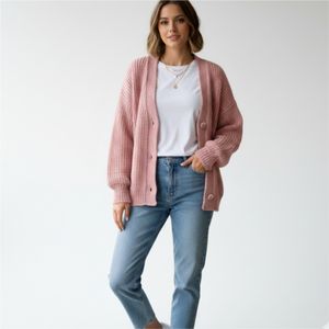 Cardigan en tricot côtelé personnalisé avec boutons, appliques brodées, fermeture à boutons recouverts, motif écossais, mélange confortable, mode hiver - Product Image 5