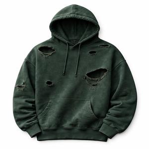 Sweat à capuche surdimensionné personnalisé pour l'hiver, effet vieilli, délavé, déchiré, avec logo personnalisé, 100% coton molletonné, service OEM/ODM - Product Image 4
