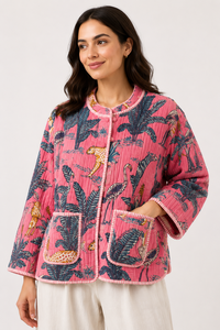 Veste matelassée rose vintage pour femme, imprimé animalier fait main, 100% coton biologique, manteau bohème indien Kantha réversible, cadeau - Product Image 3