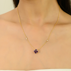 Collar con Colgante de Cadena Minimalista con Forma de Trébol y Diamantes Redondos de Amatista, Oro Amarillo Sólido de 14K, Joyería para Uso Diario, OEM ODM - Product Image 2