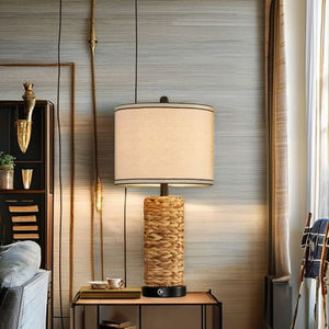 Lampe de table moderne minimaliste en métal et rotin avec abat-jour en forme de tambour, design simple, lumière blanc chaud à intensité variable, protection des yeux, pour salon - Product Image 2