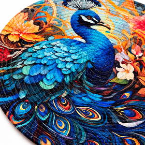 Decorative Round Polyester Placemat with Blue Peacock and Floral Pattern - Product Image 2