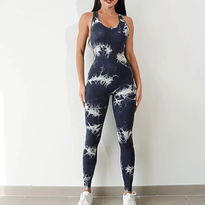 Combinaison de yoga tie-dye taille haute pour femme, sans manches, dos nu, longueur intégrale, extensible, respirante, coupe ajustée, tenue de sport - Product Image 3