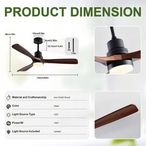 Ventilador de Techo de Madera de 52 Pulgadas con Luz y Control Remoto, Motor de CA para Interiores y Exteriores, 3 Aspas - Product Image 2