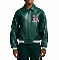Blouson aviateur en cuir PU vert pour homme Airex avec patch brodé, col rabattable, fermeture éclair, style décontracté